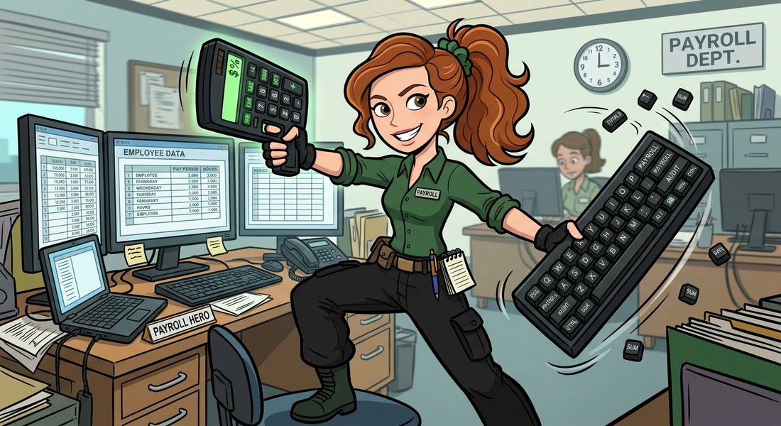 A payroll specialist in an office wielding a calculator and keyboard like weapons