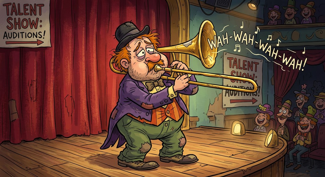 A glum vaudeville performer playing a sad trombone on stage